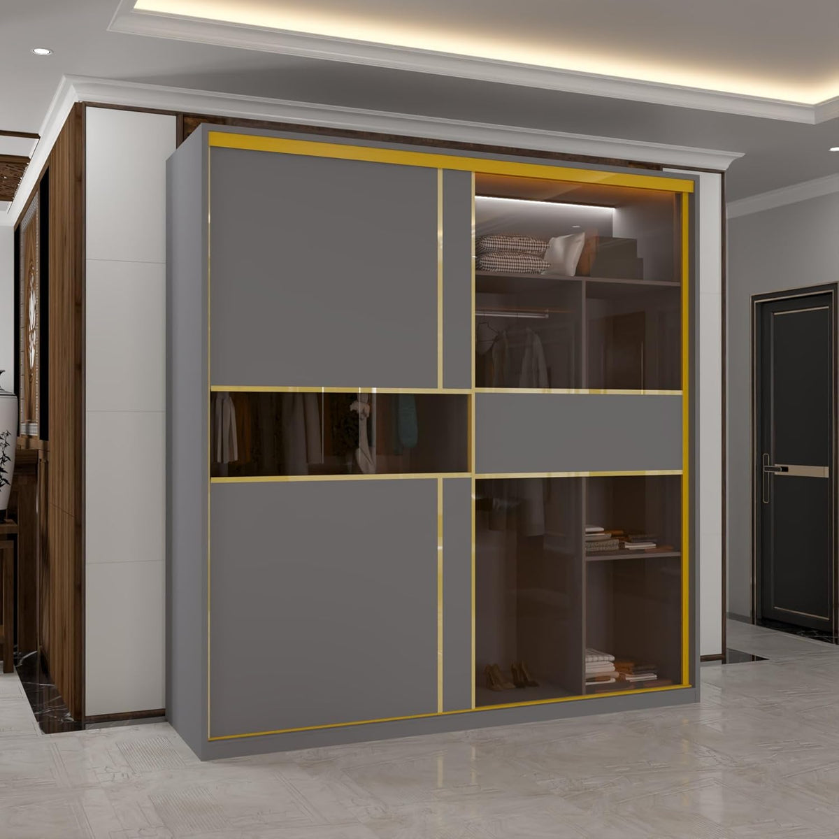Roma MDF Sliding Door Wardrob ewith Universal Glass Doors, Dual LED Lights & Golden Trim, 203cm Wide
