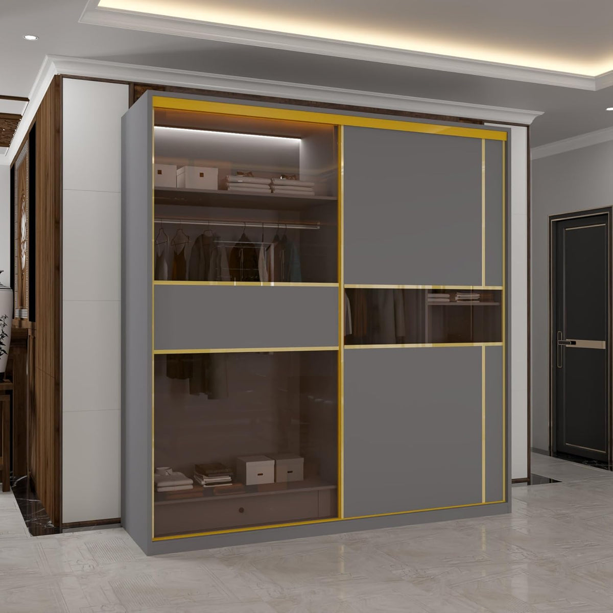 Roma MDF Sliding Door Wardrob ewith Universal Glass Doors, Dual LED Lights & Golden Trim, 203cm Wide