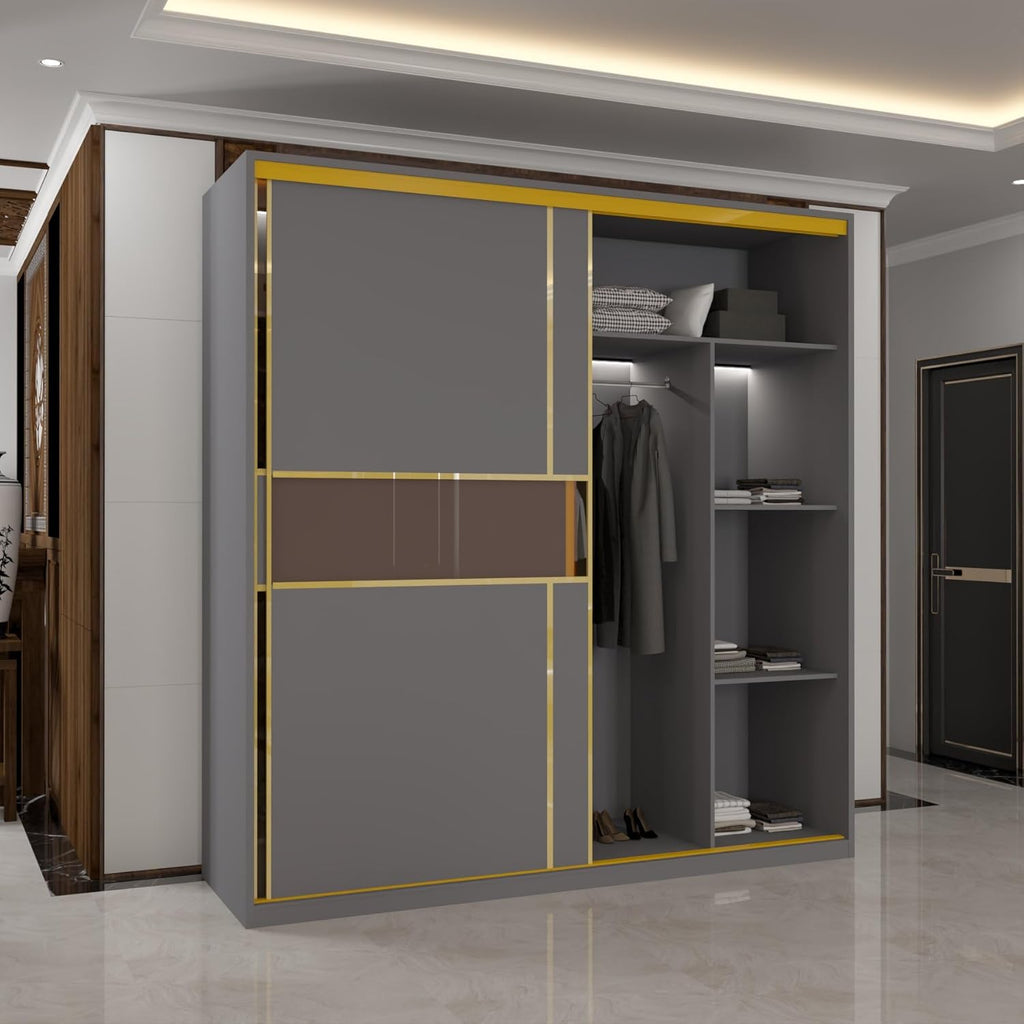 Roma MDF Sliding Door Wardrob ewith Universal Glass Doors, Dual LED Lights & Golden Trim, 203cm Wide