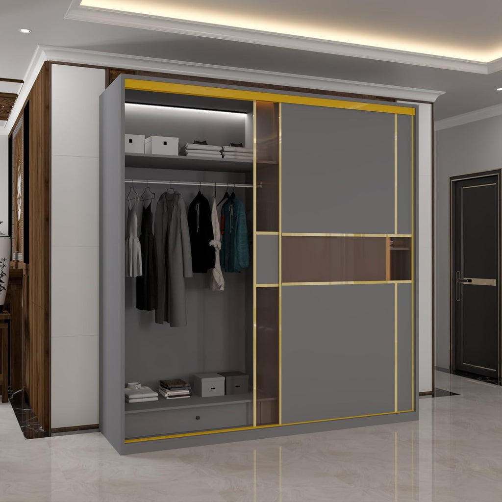 Roma MDF Sliding Door Wardrob ewith Universal Glass Doors, Dual LED Lights & Golden Trim, 203cm Wide