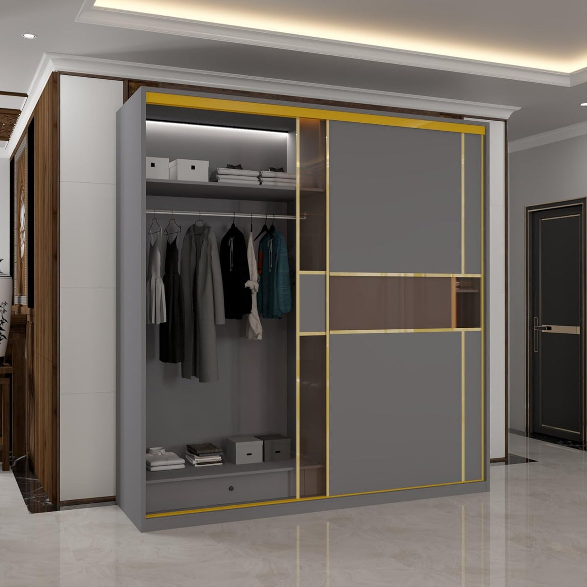 Roma MDF Sliding Door Wardrob ewith Universal Glass Doors, Dual LED Lights & Golden Trim, 203cm Wide