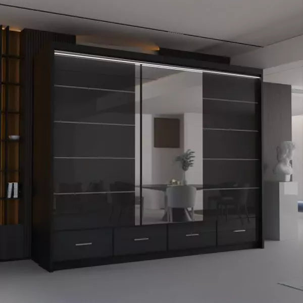 SYCYLIA HIGH GLOSS BLACK WARDROBE 150/208/255CM
