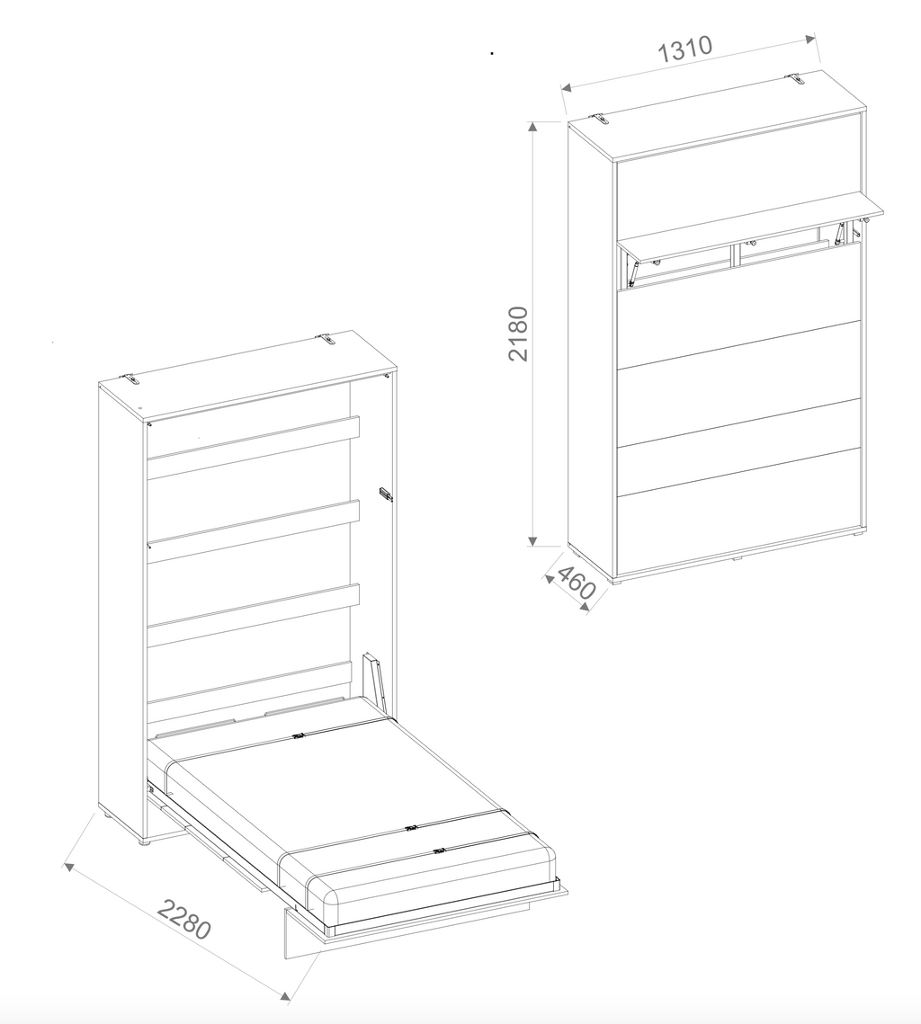 BC-02 Vertical Wall Bed Concept 120cm With Storage Cabinets and LED