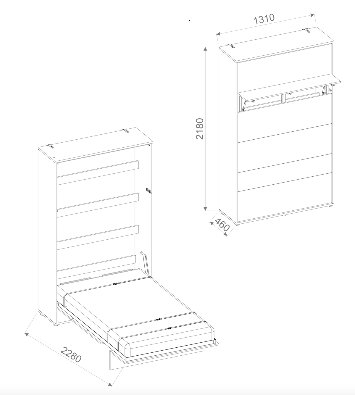 BC-02 Vertical Wall Bed Concept 120cm With Storage Cabinets and LED