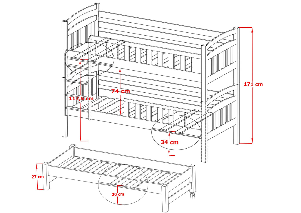 Wooden Bunk Bed Viki with Trundle and Storage