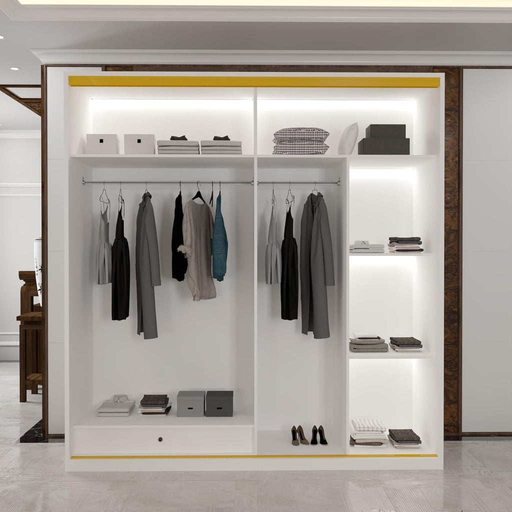 Roma MDF Sliding Door Wardrob ewith Universal Glass Doors, Dual LED Lights & Golden Trim, 203cm Wide