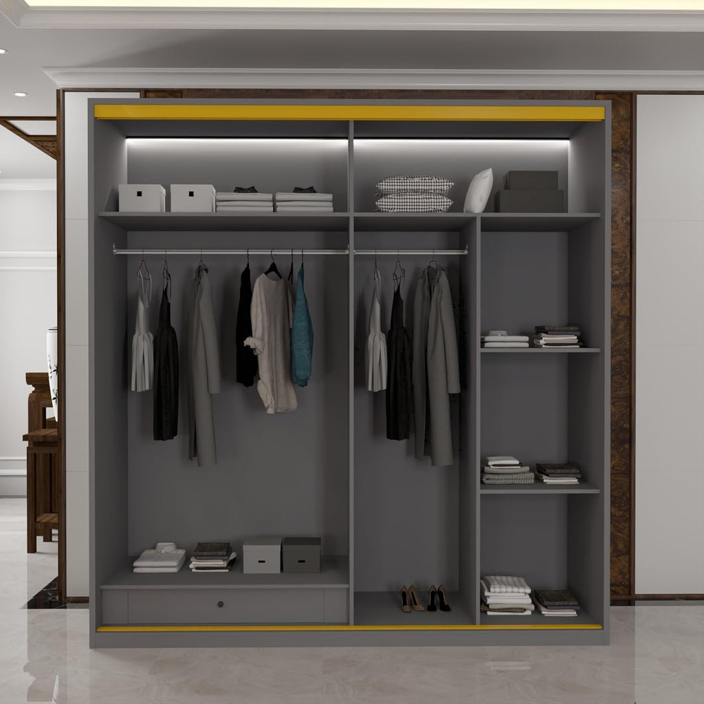 Roma MDF Sliding Door Wardrob ewith Universal Glass Doors, Dual LED Lights & Golden Trim, 203cm Wide