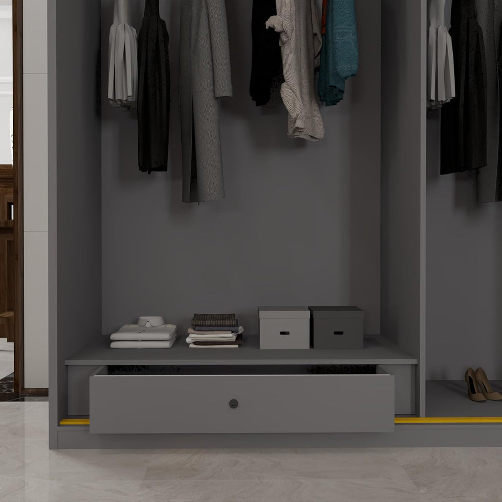 Roma MDF Sliding Door Wardrob ewith Universal Glass Doors, Dual LED Lights & Golden Trim, 203cm Wide