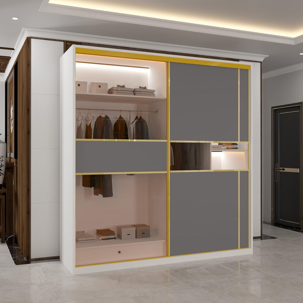 Roma MDF Sliding Door Wardrob ewith Universal Glass Doors, Dual LED Lights & Golden Trim, 203cm Wide